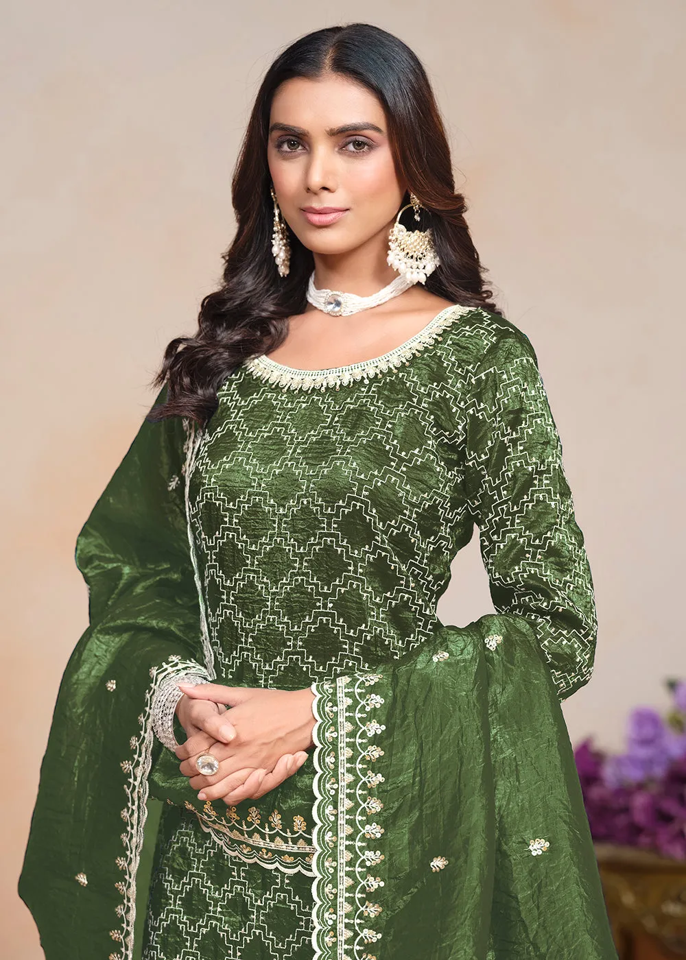 Olive Green Gold Crushed Embroidered Palazzo Suit