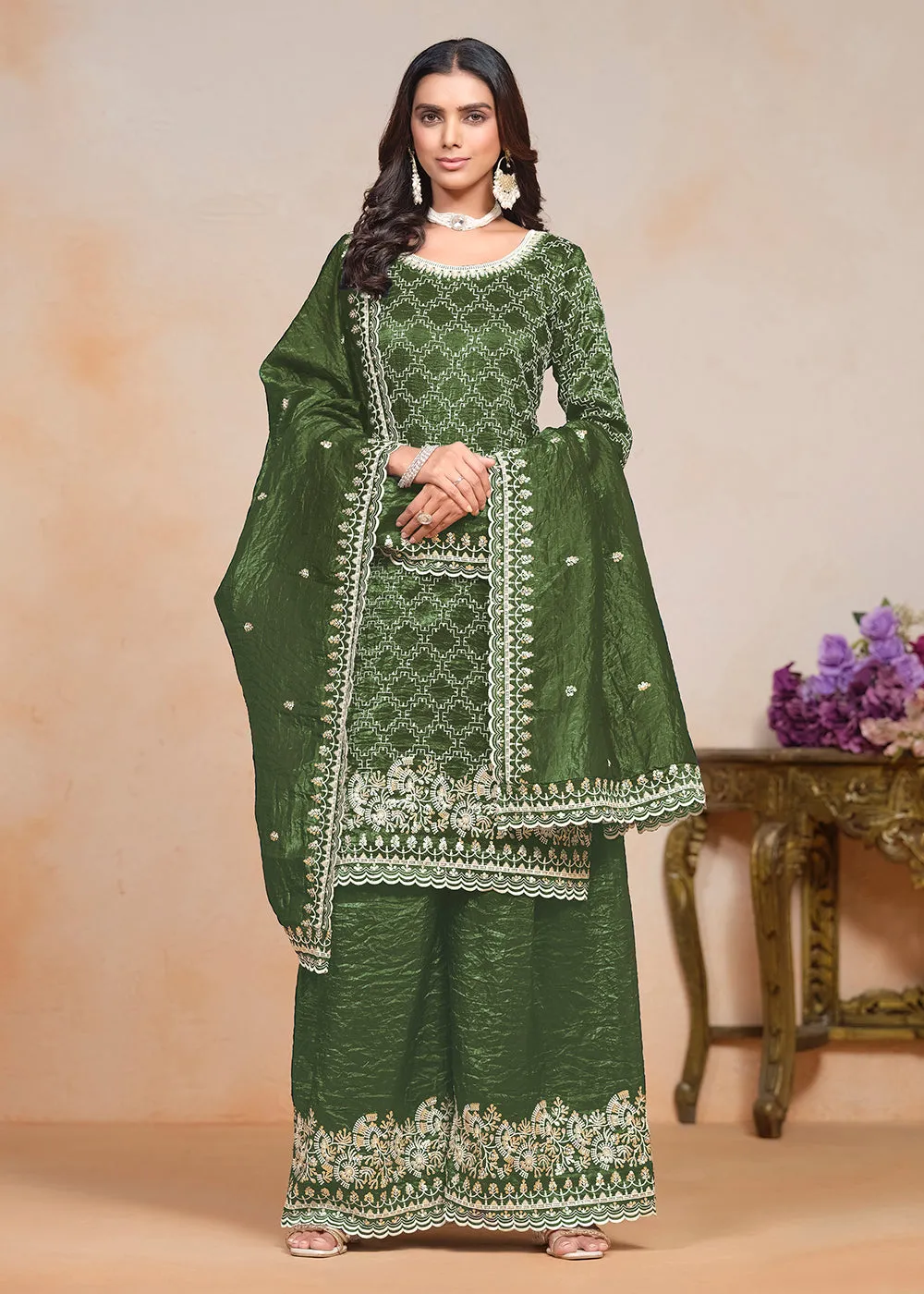 Olive Green Gold Crushed Embroidered Palazzo Suit