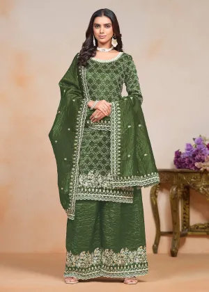 Olive Green Gold Crushed Embroidered Palazzo Suit