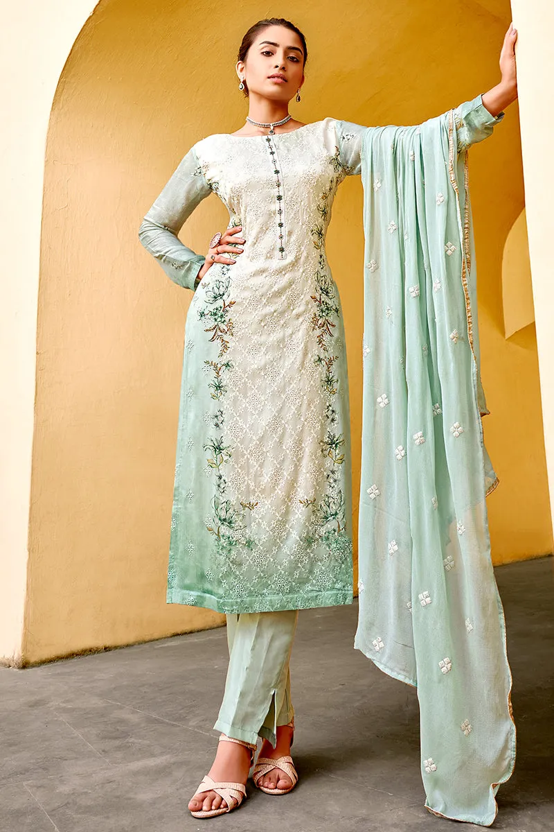 Pant Style Green & Cream Embroidered Pure Viscose Suit