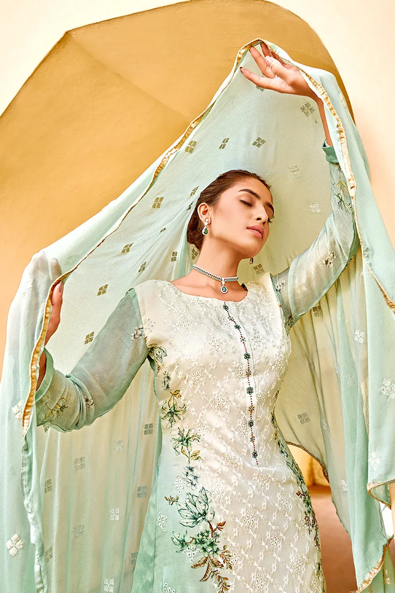 Pant Style Green & Cream Embroidered Pure Viscose Suit