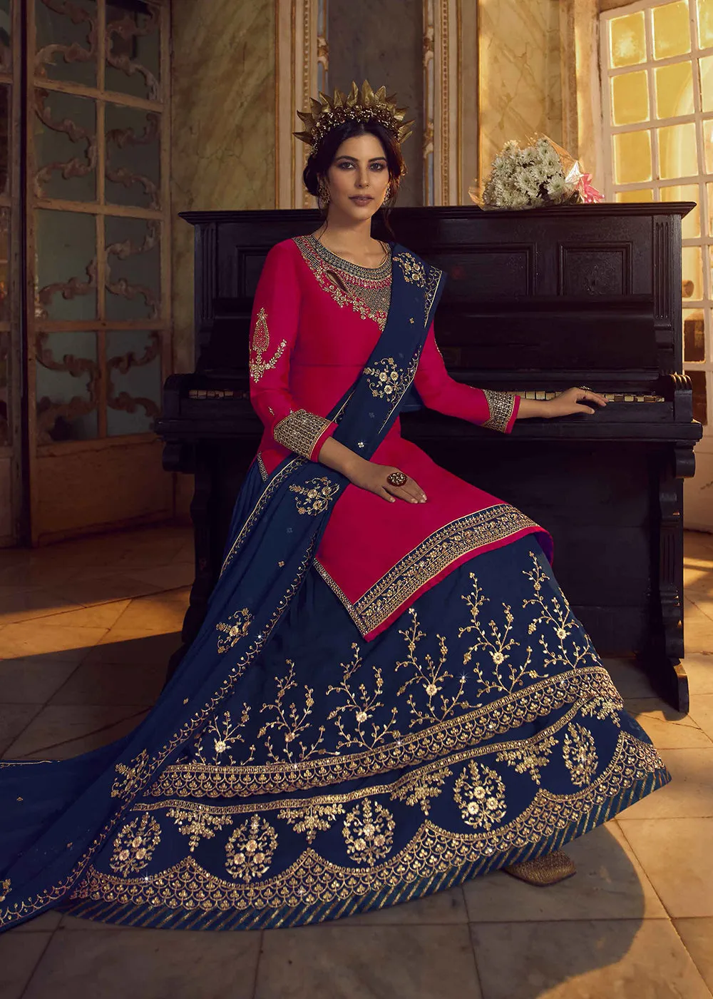 Pink & Blue Lehenga/Pant Style Trendy Suit