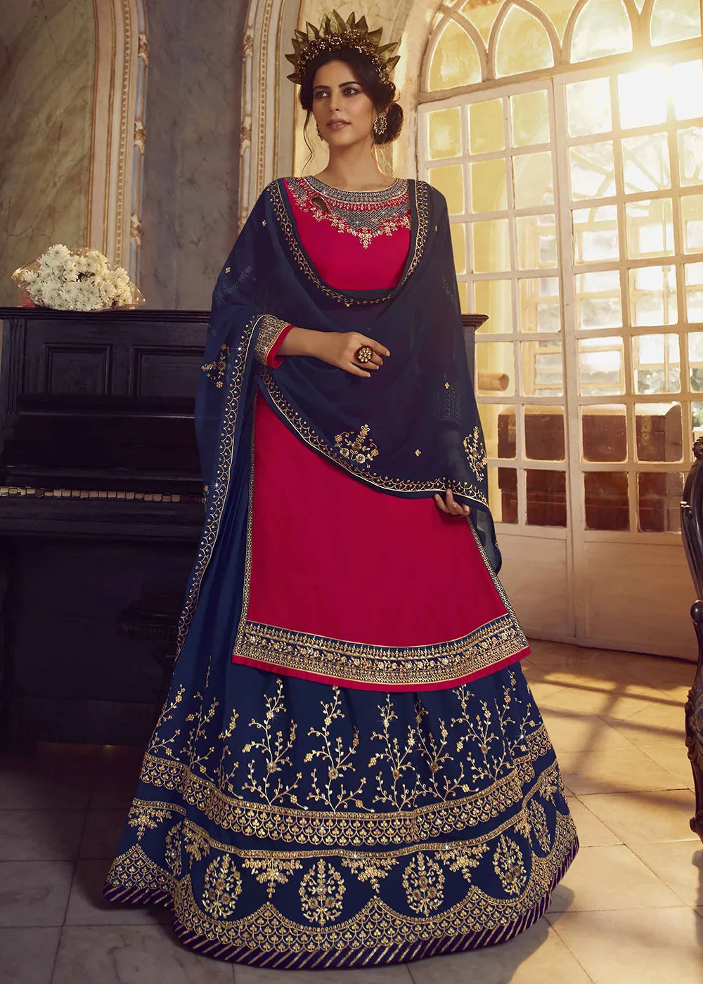 Pink & Blue Lehenga/Pant Style Trendy Suit