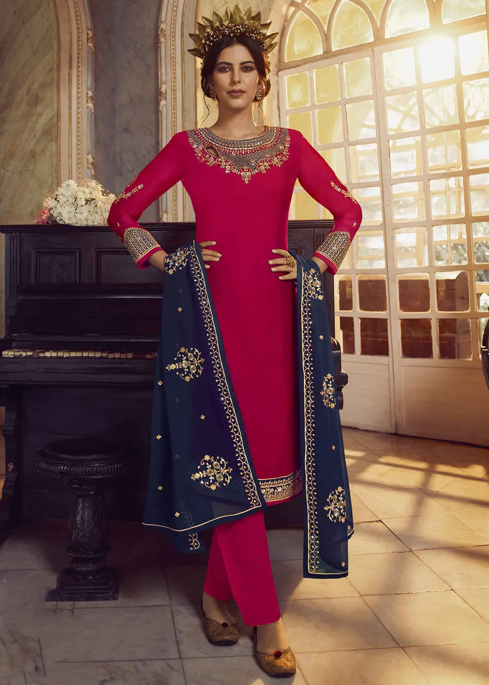 Pink & Blue Lehenga/Pant Style Trendy Suit