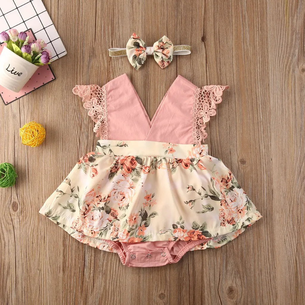 PP-Dress for Baby Girl Dress Set 2Pcs Baby Romper and Headband Lace Short Sleeve PP69