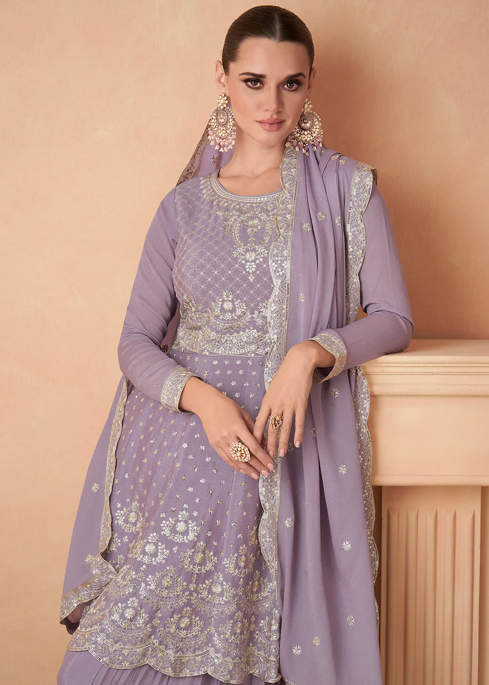 Premium Chinnon Lavender Embroidered Wedding Palazzo Suit