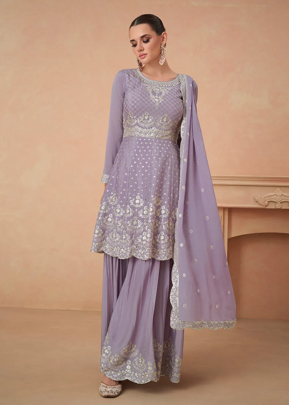 Premium Chinnon Lavender Embroidered Wedding Palazzo Suit