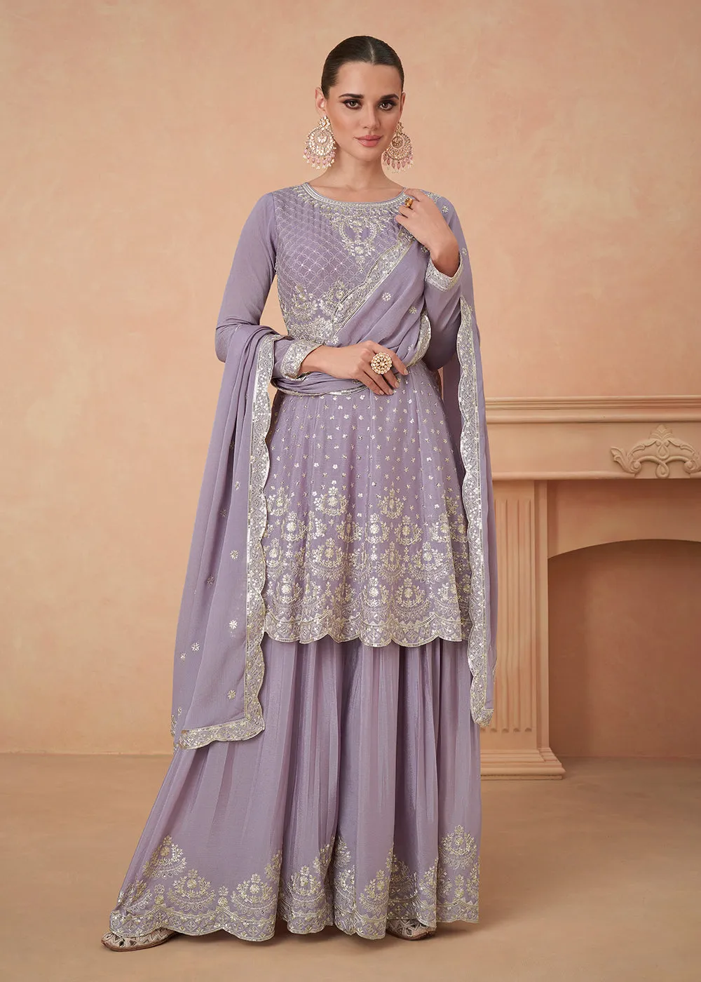 Premium Chinnon Lavender Embroidered Wedding Palazzo Suit