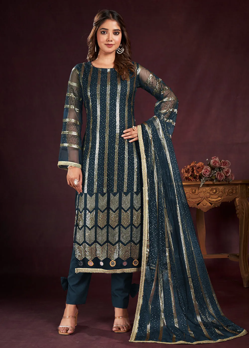 Prussian Blue Butterfly Net Embroidered Festive Salwar Suit