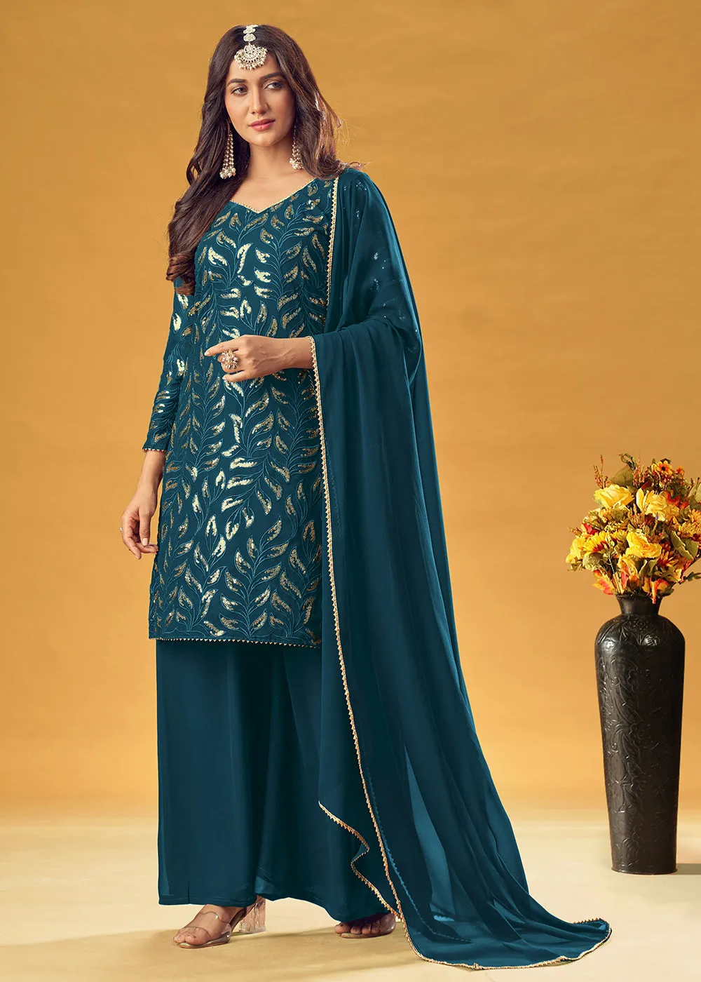 Prussian Blue Gold Embroidered Straight Cut Palazzo Suit