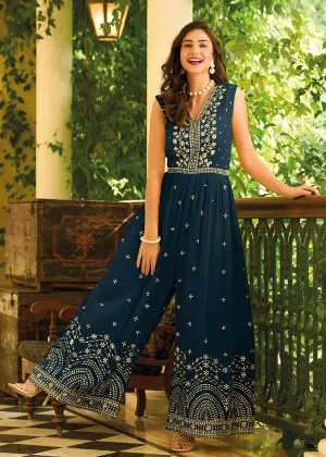 Prussian Blue Indo-Western Embroidered Georgette Jumpsuit