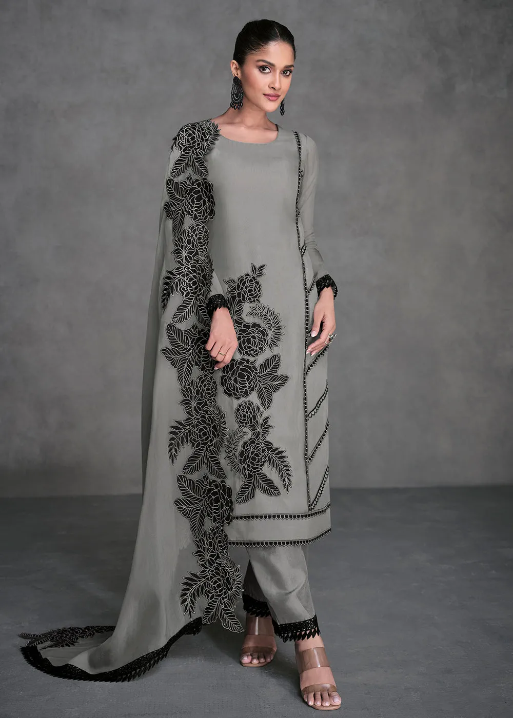 Pure Organza Grey Designer Pant Style Suit