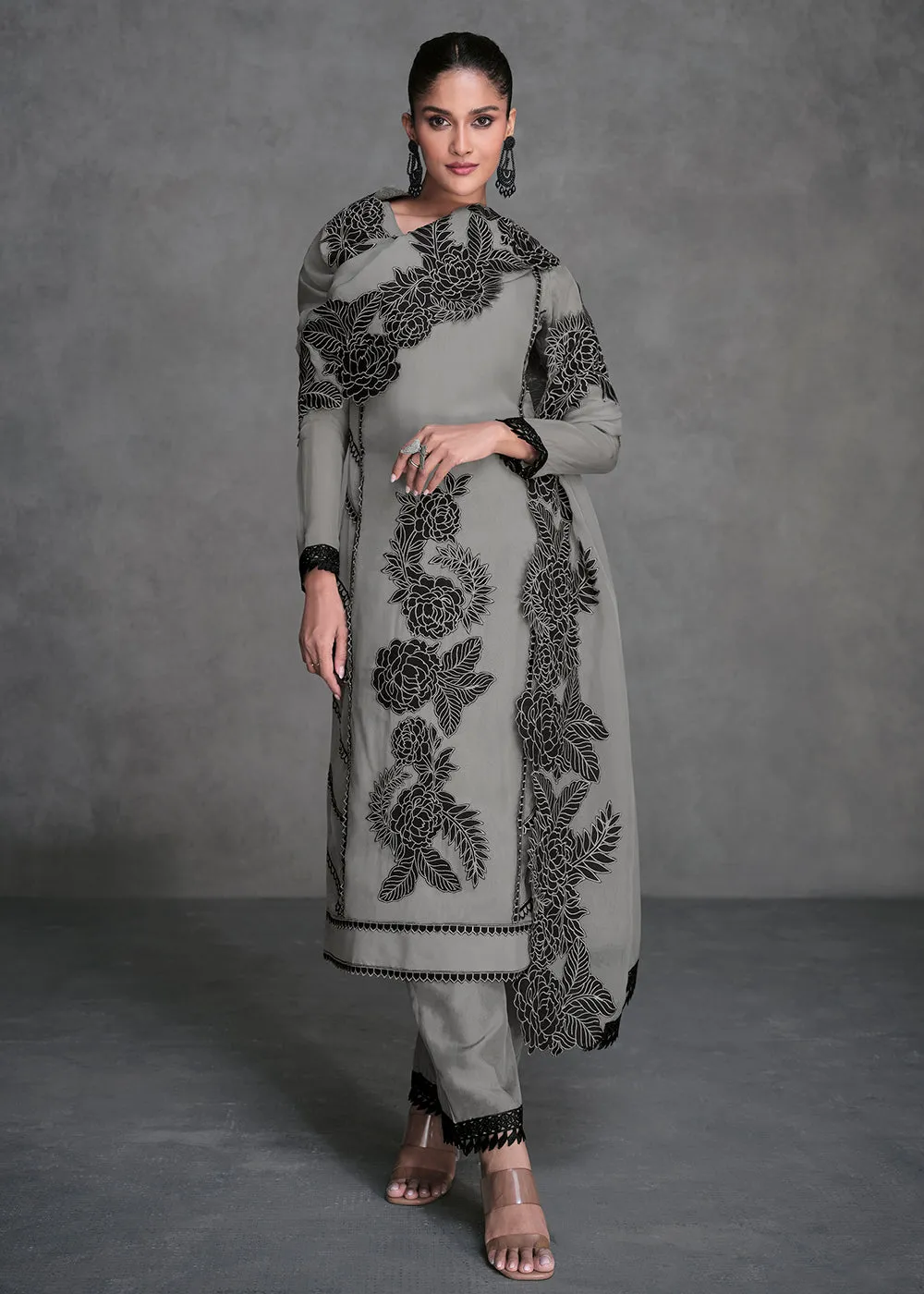 Pure Organza Grey Designer Pant Style Suit