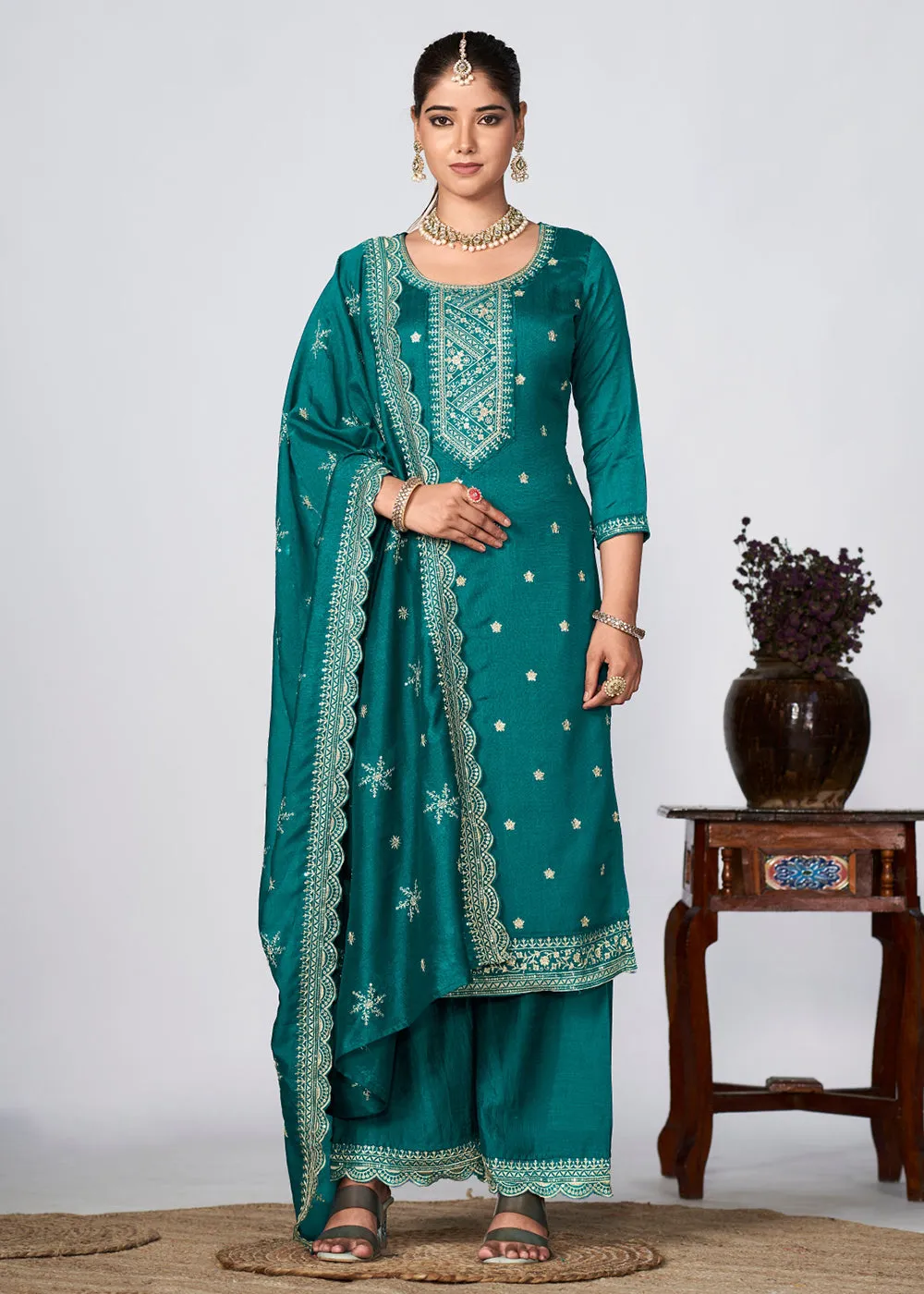 Rama Vichitra Silk Embroidered Wedding Festive Palazzo Suit