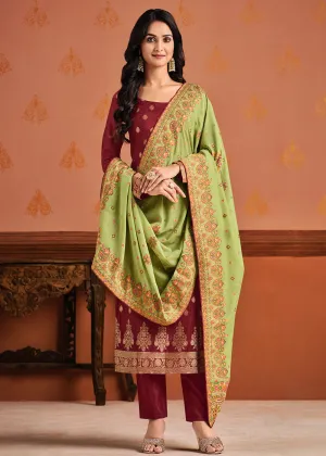 Red & Green Silk Jacquard Sangeet Wear Pant Style Suit