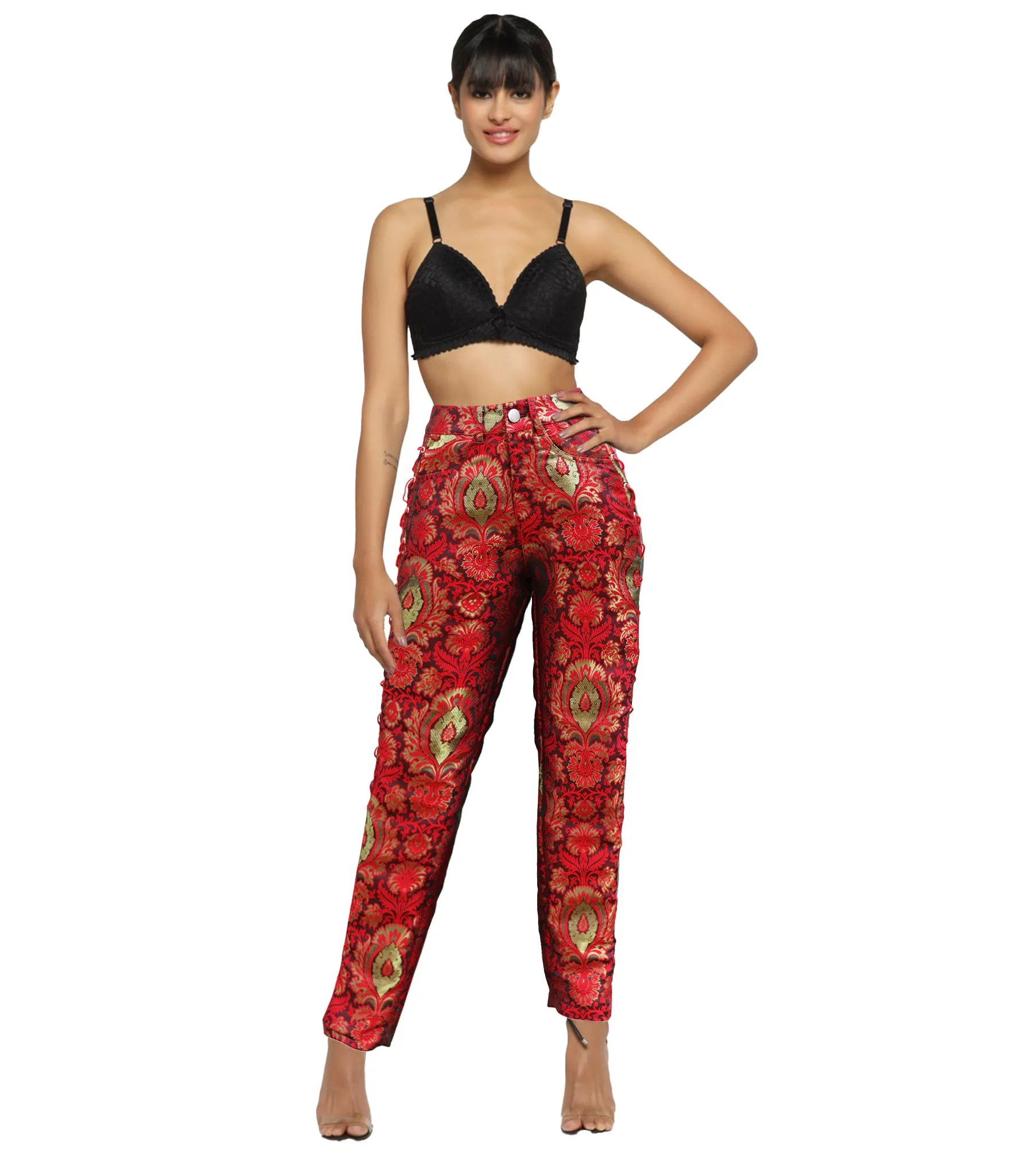 Red Gold Jacquard Side Lace Trouser