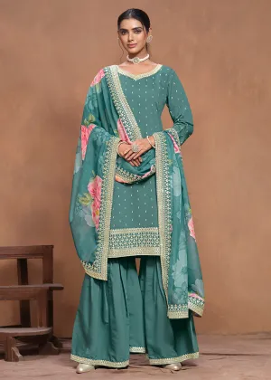 Roman Silk Teal Embroidered Festive Gharara Suit