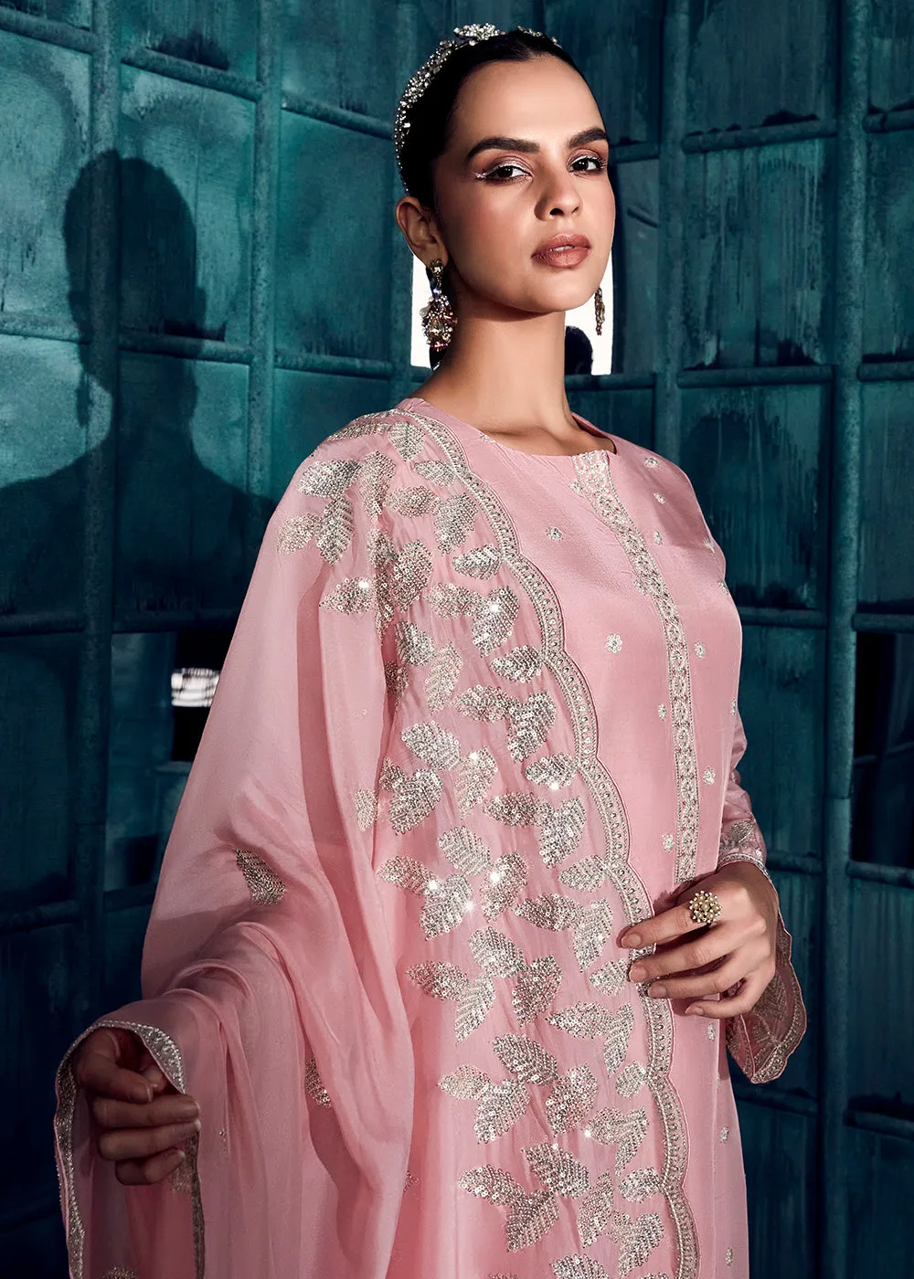 Rose Pink Modale Silk Embroidered Festive Salwar Suit