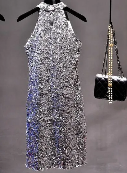 Sleeveless Sequin High Neck Party Dress