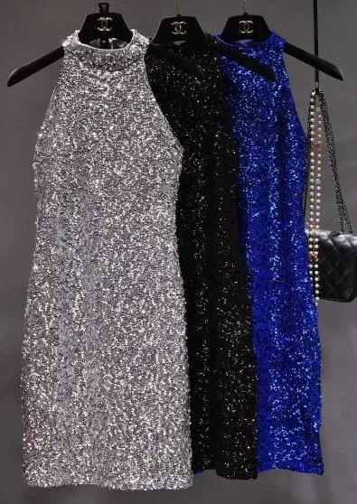 Sleeveless Sequin High Neck Party Dress