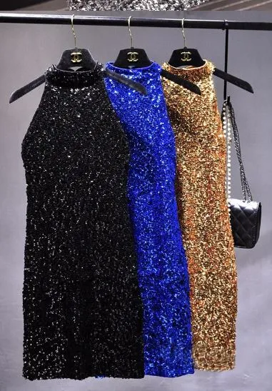 Sleeveless Sequin High Neck Party Dress