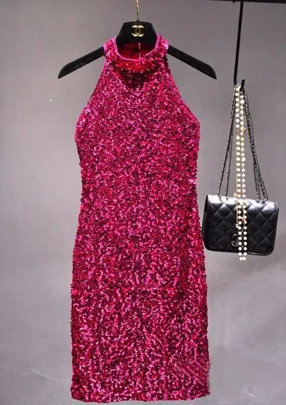 Sleeveless Sequin High Neck Party Dress