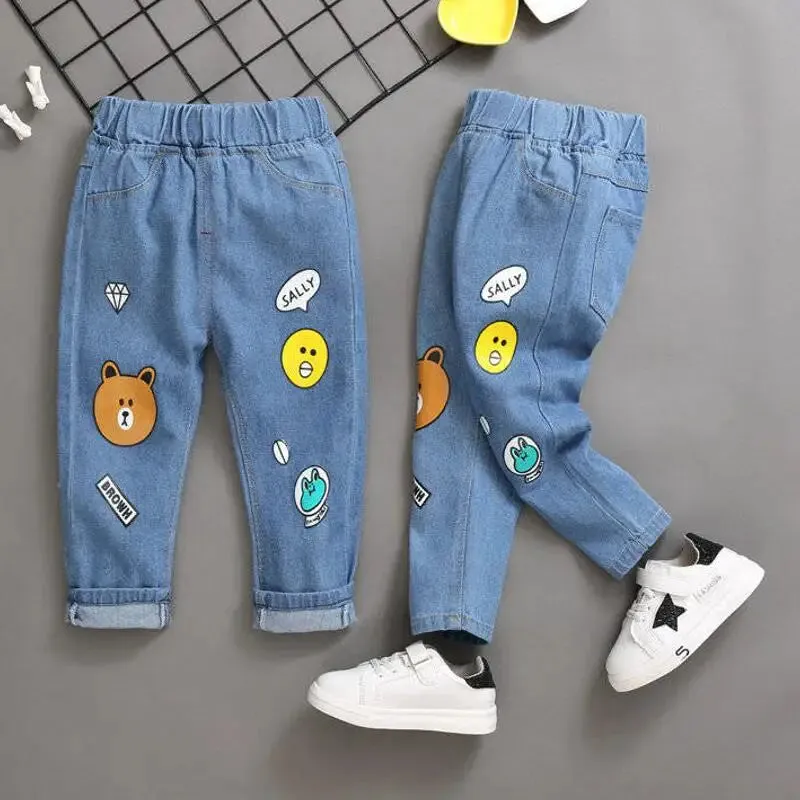 Spring Boys Girls Hole Denim Pants Children Clothes Cartoon Print Kids Jeans Pants For Baby Cotton Casual Trousers 2-7 Years