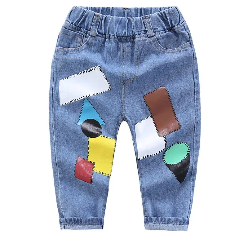 Spring Boys Girls Hole Denim Pants Children Clothes Cartoon Print Kids Jeans Pants For Baby Cotton Casual Trousers 2-7 Years