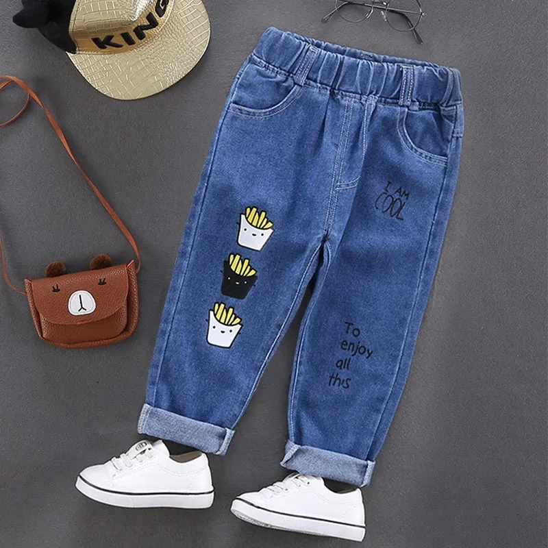 Spring Boys Girls Hole Denim Pants Children Clothes Cartoon Print Kids Jeans Pants For Baby Cotton Casual Trousers 2-7 Years