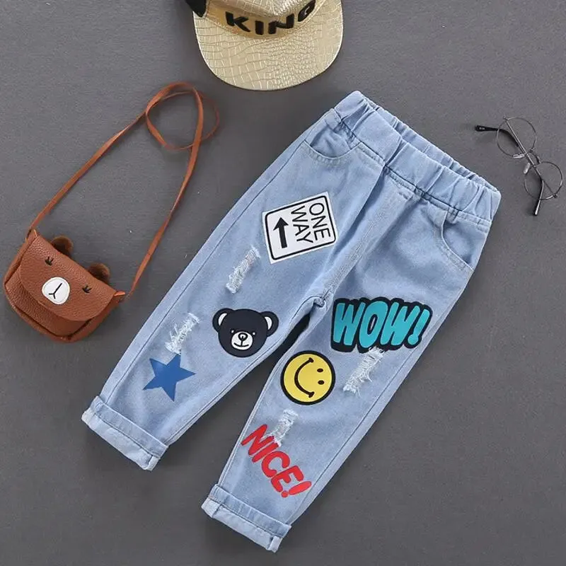 Spring Boys Girls Hole Denim Pants Children Clothes Cartoon Print Kids Jeans Pants For Baby Cotton Casual Trousers 2-7 Years