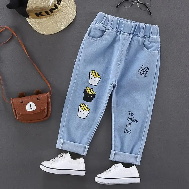 Spring Boys Girls Hole Denim Pants Children Clothes Cartoon Print Kids Jeans Pants For Baby Cotton Casual Trousers 2-7 Years