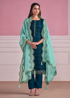 Teal Blue Chinnon Chiffon Chikankari Embroidered Wedding Salwar Suit