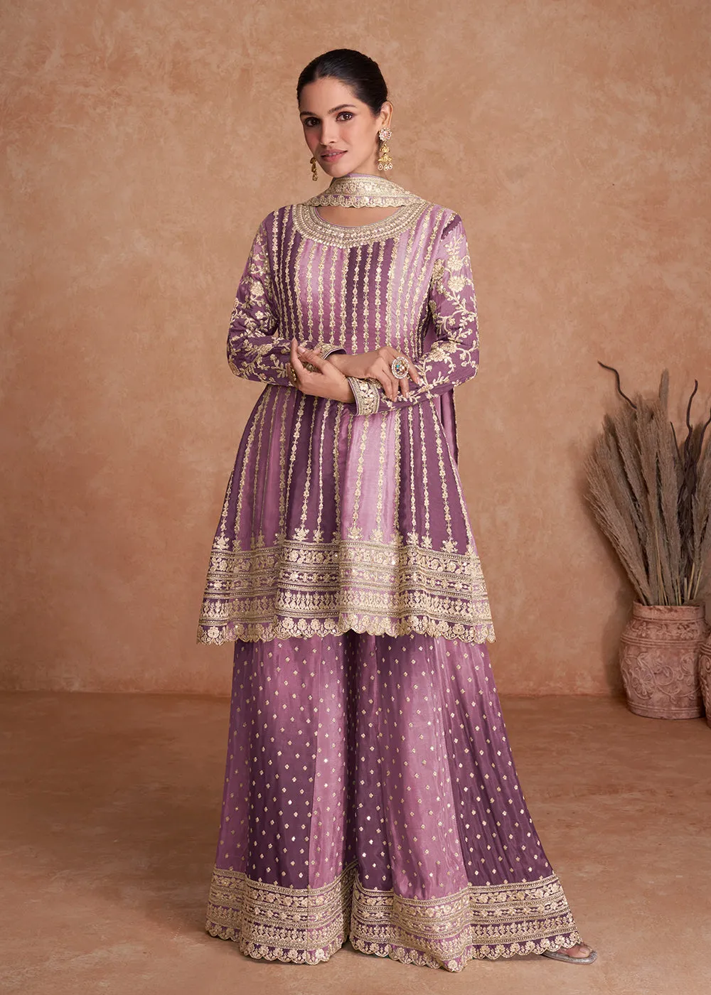 Traditional Purple Embroidered Wedding & Reception Wear Gharara Suit