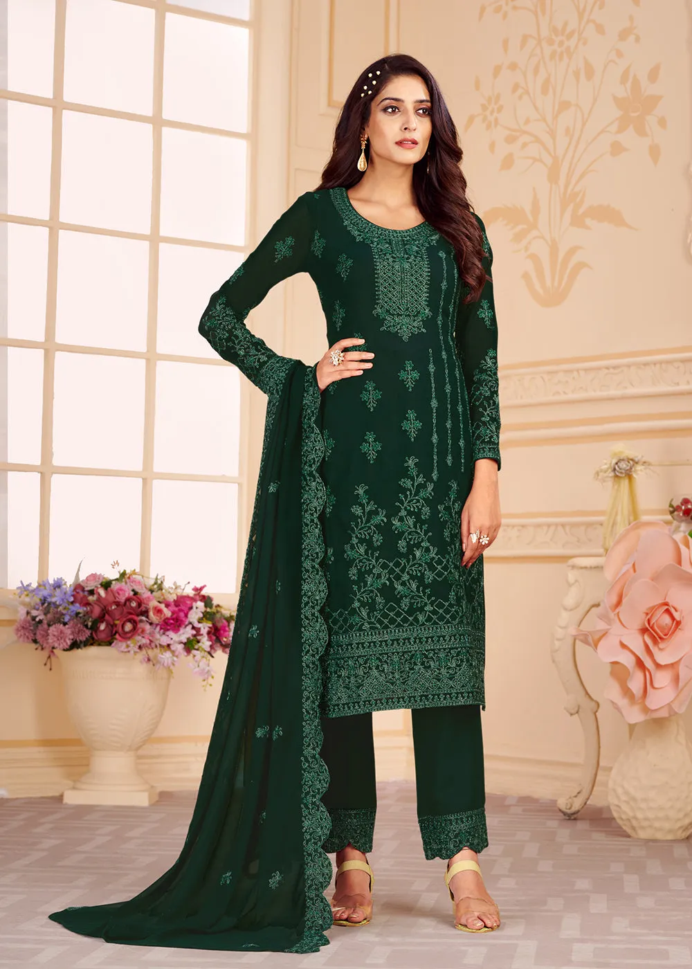 Trendy Green Georgette Eid Wear Salwar Kurta Suit