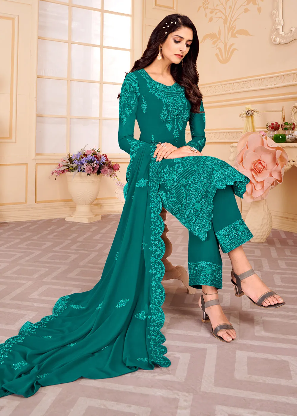 Trendy Teal Blue Georgette Eid Wear Salwar Kurta Suit