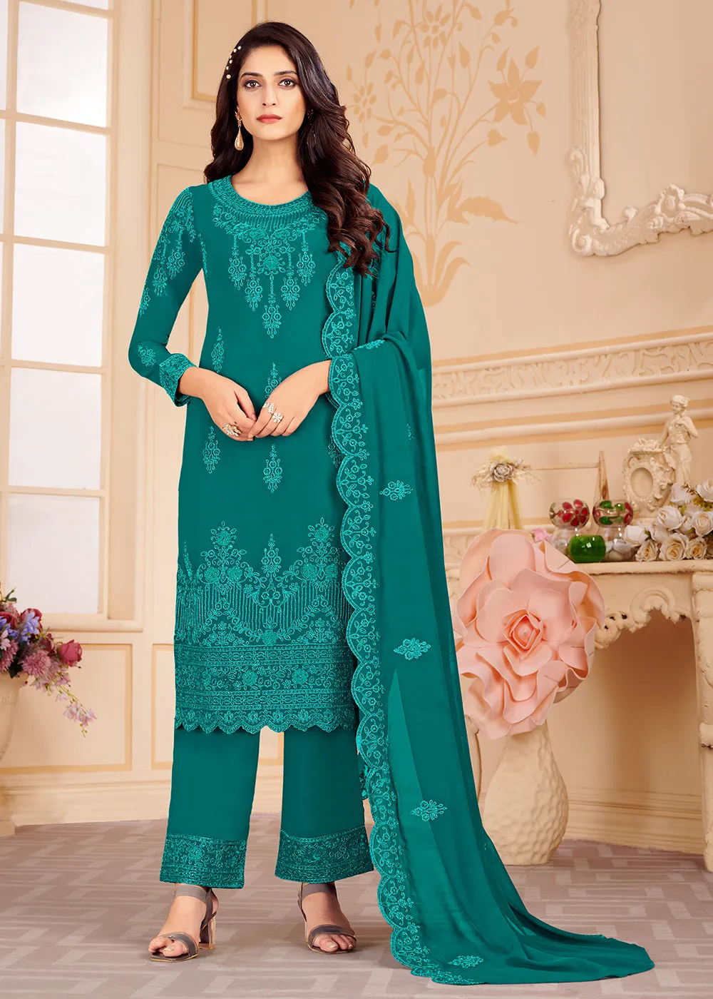 Trendy Teal Blue Georgette Eid Wear Salwar Kurta Suit