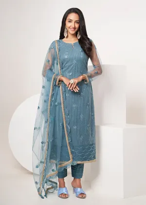 Turquoise Blue Net Embroidered Festive Salwar Suit