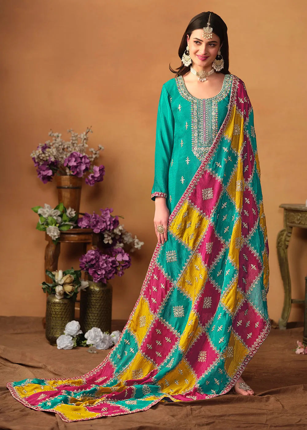 Turquoise Chinnon Silk Salwar Suit with Multicolor Dupatta