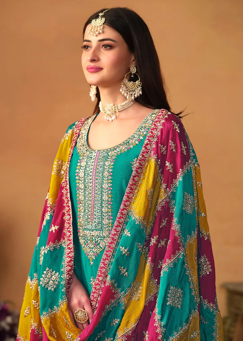 Turquoise Chinnon Silk Salwar Suit with Multicolor Dupatta