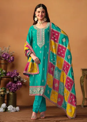 Turquoise Chinnon Silk Salwar Suit with Multicolor Dupatta