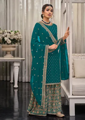 Turquoise Chinon & Georgette Designer Palazzo Salwar Suit