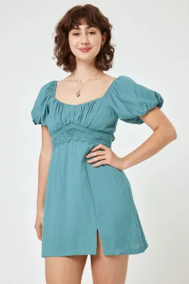 Turquoise Lace Trim Puff Sleeve Dress