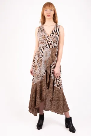 V Neck Chiffon Leopard Print Frill Maxi Dress