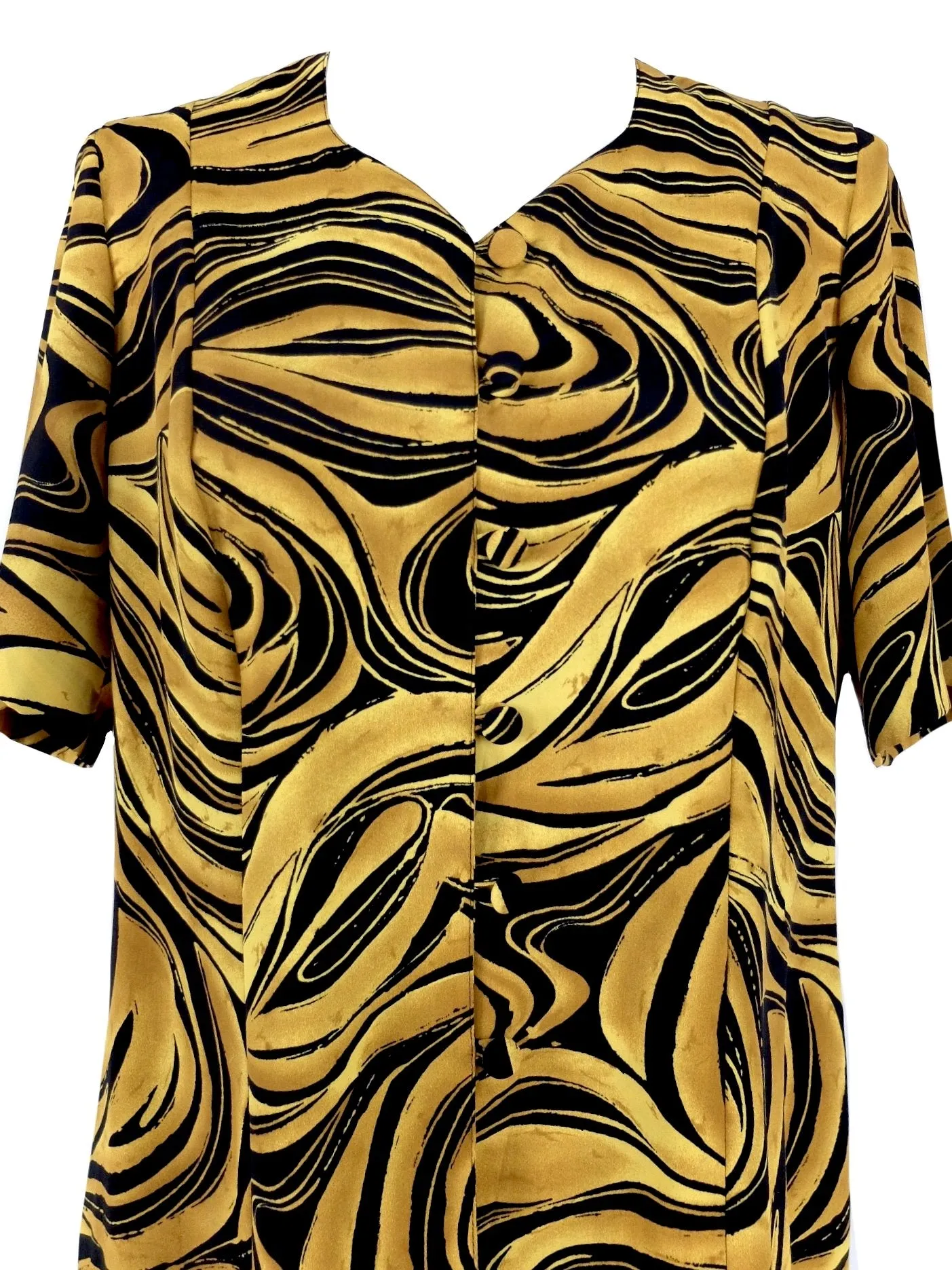 Vintage 80s Gold & Black Psychedelic Mod Abstract Patterned Button Down Half Sleeve Blouse