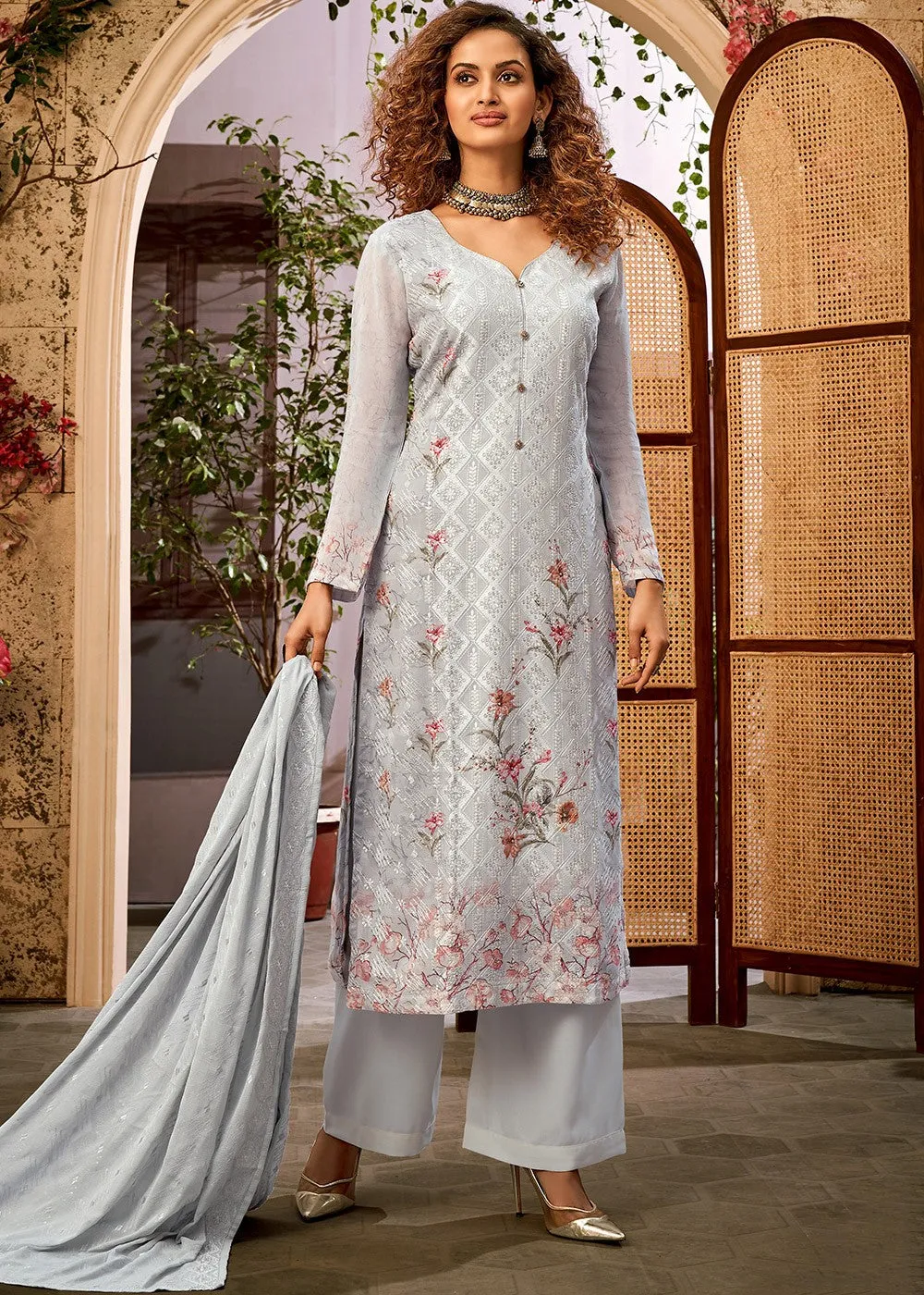 Viscose Georgette Bluish Grey Sequins Salwar Suit