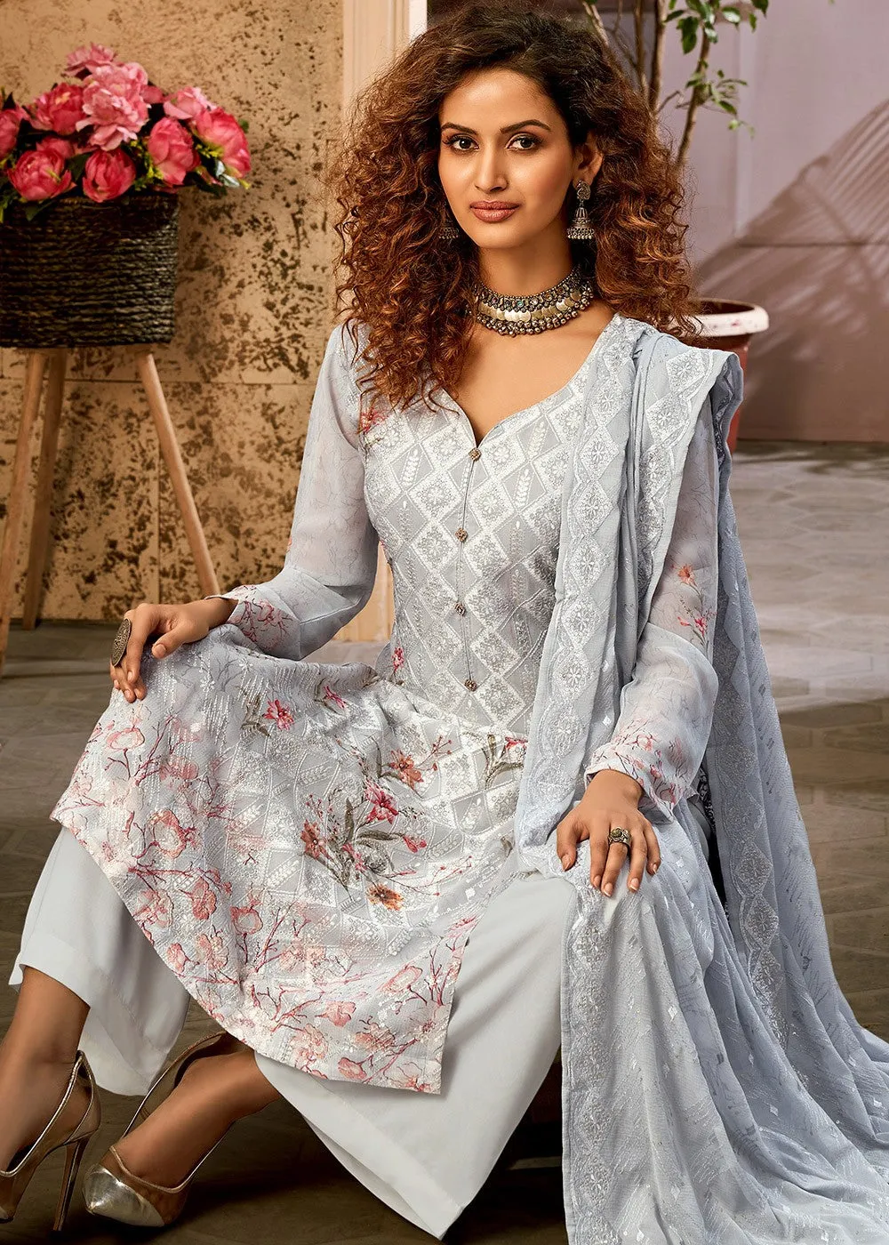 Viscose Georgette Bluish Grey Sequins Salwar Suit