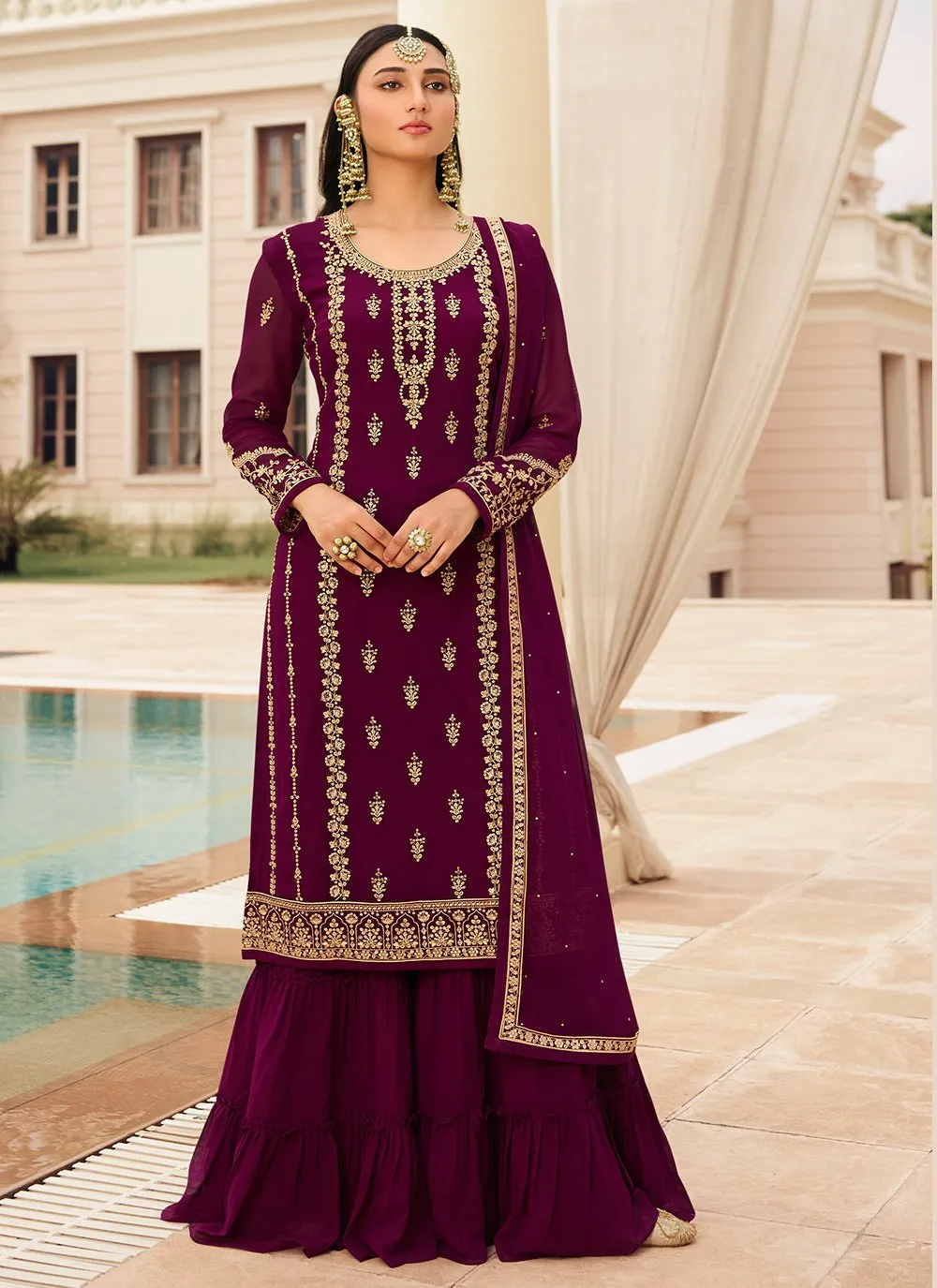 Wine & Gold Embroidered Sequins Sharara Suit